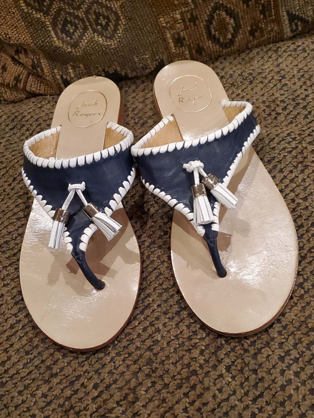 Jack Rogers Navy and White Tassel Thong Sandals Size 8